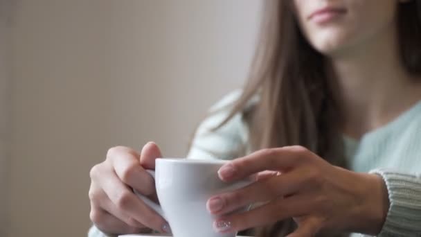 美丽的女孩饮用茶 nera 窗口。肖像特写. — 图库视频影像