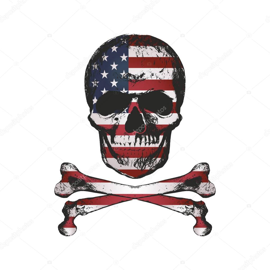 Vintage hand drawn skull in grunge style with USA flag texture.