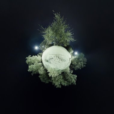 Hoarfrost ve kar kış ormandaki sphe kaplı ağaçlar