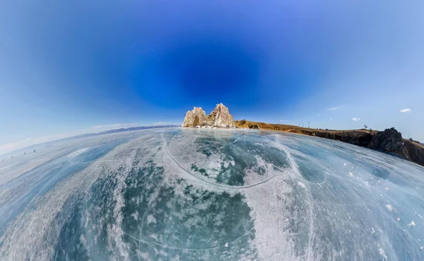 Aerial panorama Shaman Rock or Cape Burhan on Olkhon Island in w — Stock Photo, Image