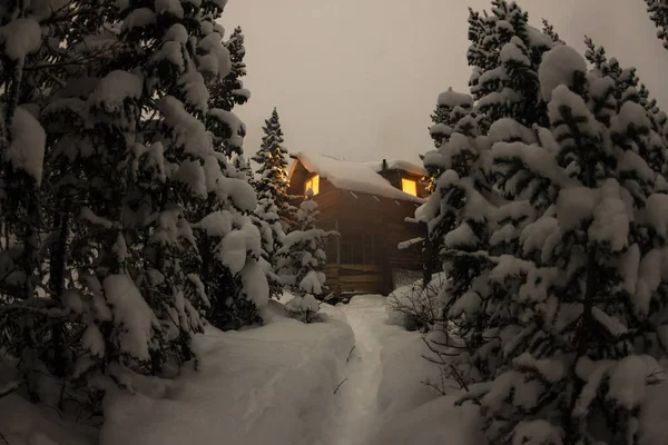 Chalé de casa durante uma queda de neve nas árvores floresta de inverno em nig — Fotografia de Stock