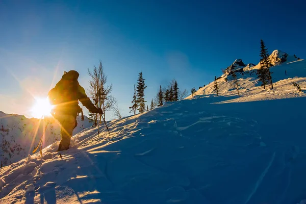 Esquís freeride cuesta arriba retroiluminado sol naciente — Foto de Stock