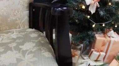 Hediyeler oyuncak ve beyaz ışık garland göz kırpıyor ile dekore edilmiş Noel köknar ağacı altındaki kutuları sunar. Slayt kamera hareketi.