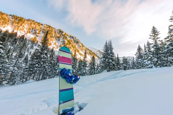 Snowboard de pé na neve nas montanhas na estrada frirayd — Fotografia de Stock