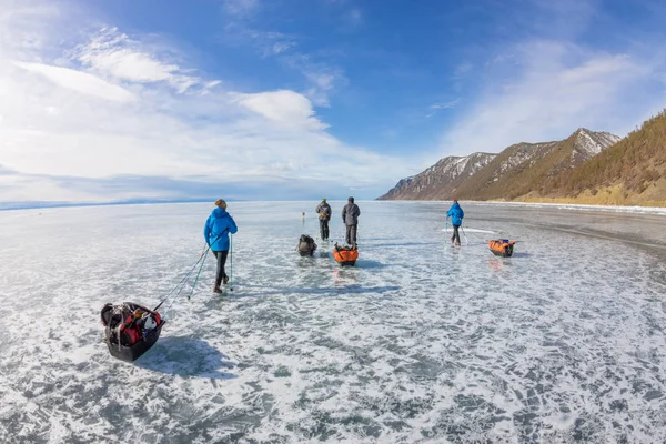 Γυναίκα και ένας άντρας με έλκηθρο και πεζοπορία πόλων είναι πάγου της Baikal — Φωτογραφία Αρχείου