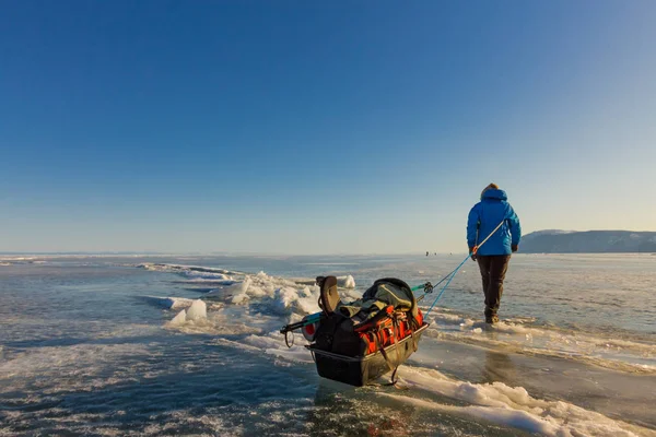 女孩与雪橇和登山杖是在冰湖 Baika 上 — 图库照片