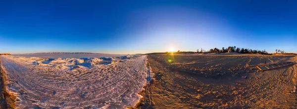 360 sunrise panorama border the sandy beach and of Lake Baikal i — Stock Photo, Image