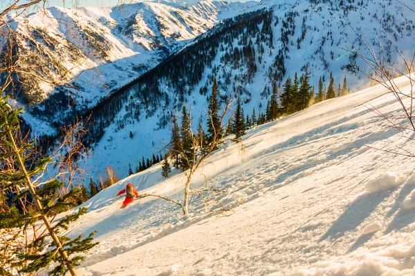 Freerider esquiador desce da montanha à luz do m — Fotografia de Stock