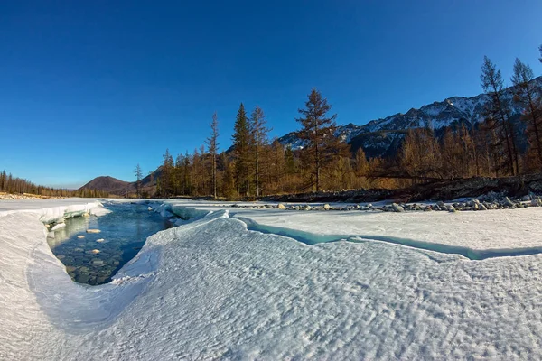 glacier ice melts in the spring on the river in the mountains