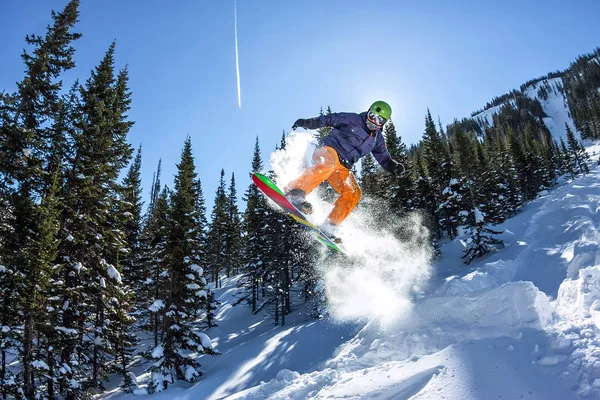 Snowboarder freerider pulando de uma rampa de neve ao sol em um fundo de floresta e montanhas — Fotografia de Stock