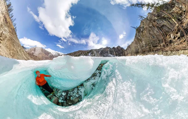 Female inside the crack in the ice glaciers Iceland. Wide-angle panorama — Stock Photo, Image