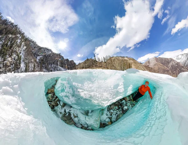 Female inside the crack in the ice glaciers Iceland. Wide-angle panorama — Stock Photo, Image