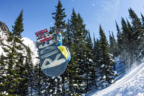 Snowboarder freerider pulando de uma rampa de neve ao sol em um fundo de floresta e montanhas — Fotografia de Stock