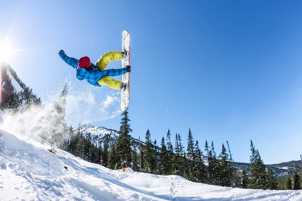 Snowboard freerider orman ve dağlar bir arka plan üzerinde bir kar rampa güneşin üzerinden atlama