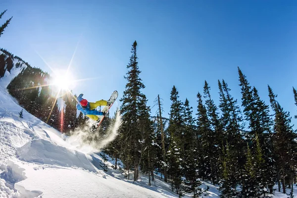 Snowboarder Freerider Pulando Uma Rampa Neve Sol Fundo Floresta Montanhas — Fotografia de Stock