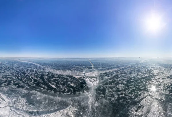 Crack on the ice of Lake Baikal from Olkhon. Wide-angle panorama — Stock Photo, Image