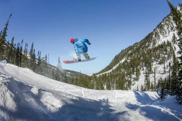 Snowboarder freerider saltare da una rampa di neve al sole su uno sfondo di foresta e montagne — Foto Stock