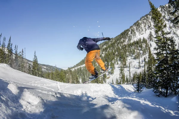 Snowboard freerider orman ve dağlar bir arka plan üzerinde bir kar rampa güneşin üzerinden atlama