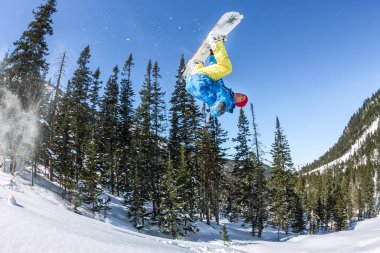 Snowboard freerider orman ve dağlar bir arka plan üzerinde bir kar rampa güneşin üzerinden atlama