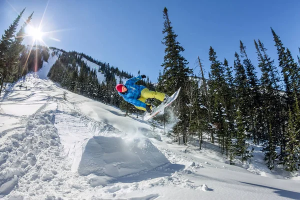 Snowboard freerider orman ve dağlar bir arka plan üzerinde bir kar rampa güneşin üzerinden atlama