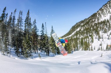 Snowboard freerider orman ve dağlar bir arka plan üzerinde bir kar rampa güneşin üzerinden atlama