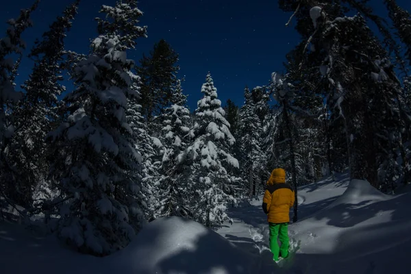 El hombre de la chaqueta amarilla en el bosque de invierno entre los árboles en — Foto de Stock