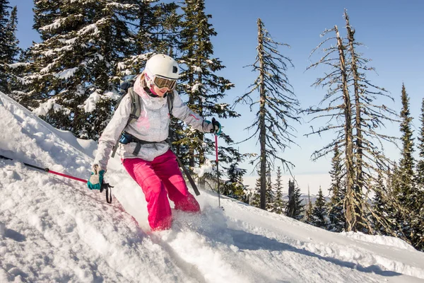 Mujer esquiadora cabalga a través de la nieve en polvo a las montañas. Freeride deportes de invierno —  Fotos de Stock