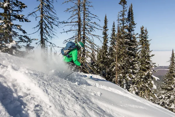 Kadın kayakçı ile dağlara toz kar üzerinden gidiyor. Kış sporları freeride
