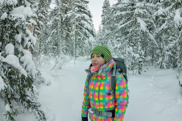 Happy tourist girl with a backpack walks in a winter forest among large trees — Stock Photo, Image