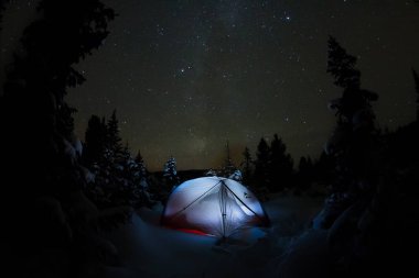 Yıldızlı gökyüzü ve Samanyolu gece kış dağlarda ağaçlarda altında beyaz çadır