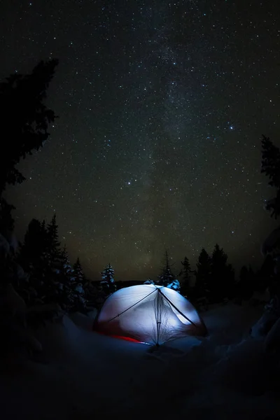 Tente blanche sous le ciel étoilé et la voie lactée dans les arbres dans les montagnes d'hiver la nuit — Photo