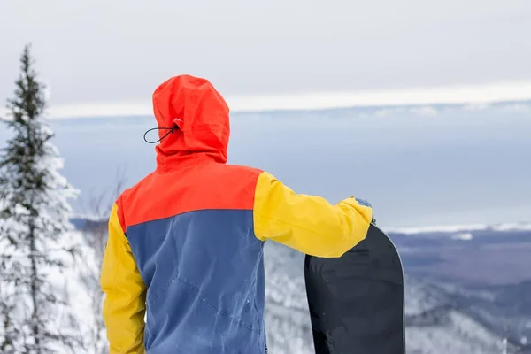 Freerider avec un snowboard en salopette se dresse au sommet d'une montagne enneigée — Photo