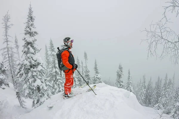 Un hombre parado en la cima de la cresta. Esquí de montaña. Aventura invierno freeride deporte extremo — Foto de Stock
