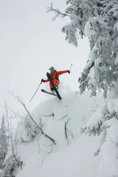 Freerider esquiador saltando desde una rampa de nieve en el sol sobre un fondo de bosque y montañas —  Fotos de Stock