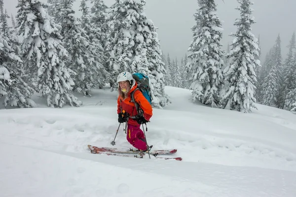 Mujer de pie en la cima de la cresta. Esquí de montaña. Aventura invierno freeride deporte extremo — Foto de Stock