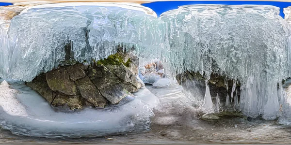 360 180 Panorama Aube Dans Une Grotte Glace Avec Des — Photo