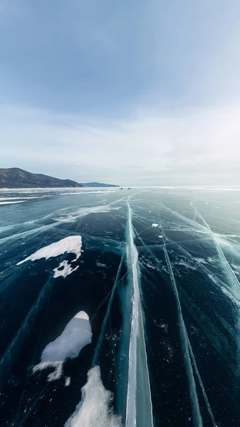 Panorama Scheuren Het Blauwe Ijs Van Het Baikalmeer Van Olkhon — Stockfoto