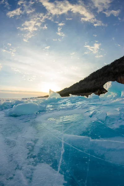 Panorama of the blue hummocks of Lake Baikal at sunset — Stock Photo, Image