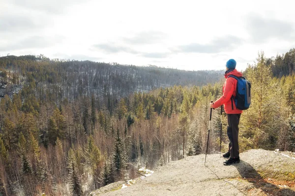 Wandelaar met een rugzak staat op de top van een berg boven het bos en kijkt naar de vallei — Stockfoto