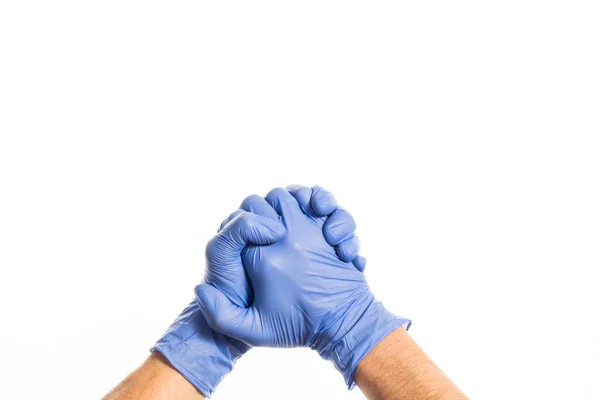 Hands of people in medical colorful rubber gloves, isolate on white background — Stock Photo, Image