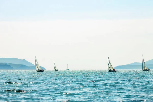 划着彩帆的游艇在海面上的青山斜坡上航行.广泛的全景 图库图片