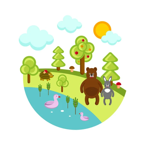 Ayı, gölet, orman, vektör