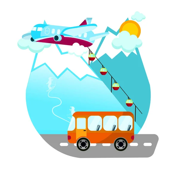 Flugzeug in den Bergen, Bus, Straßenvektor — Stockvektor