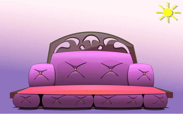 Wizerunek mebli tapicerowanych jest sofa z przycisków i grzbiet drewniany z wzorem. Na tle słońca jest przedstawiony. — Wektor stockowy