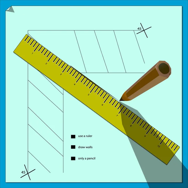 Un'immagine di uno schema di disegno in cui sono presenti un righello, iscrizioni e una matita che getta un'ombra . — Vettoriale Stock
