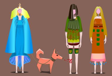 Farklı elbiseler ve bir köpek tasmalı üç kadın resmi.