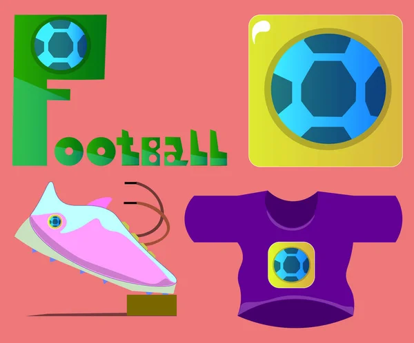 Bild mehrerer Objekte. Darunter das Wort "Fußball", ein Ball, Sportschuhe und ein T-Shirt. — Stockvektor