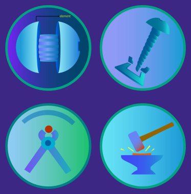 Görüntünün farklı nesneleri ve araçları içerir. Aralarında işte bir çekiç, maşa, bir vida ve örs.