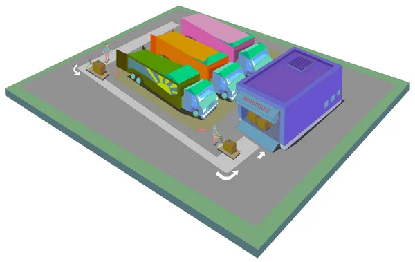 Afbeelding Van Meerdere Objecten Onder Hen Een Gebouw Vrachtwagens Dozen — Stockvector