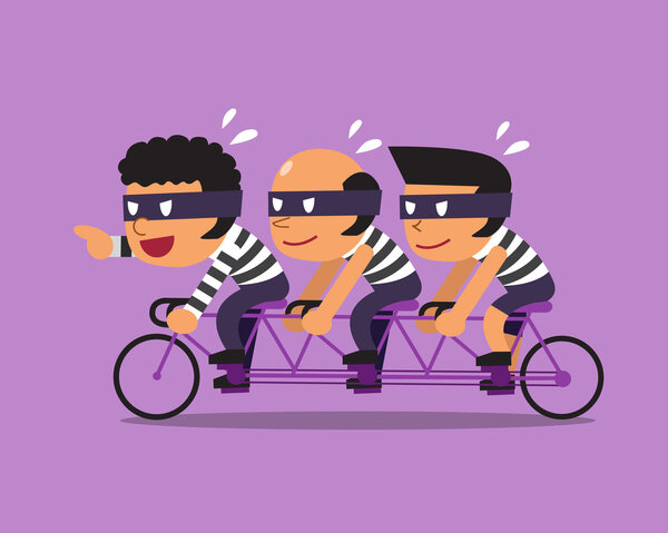 Cartoon three thieves ride tandem bicycle